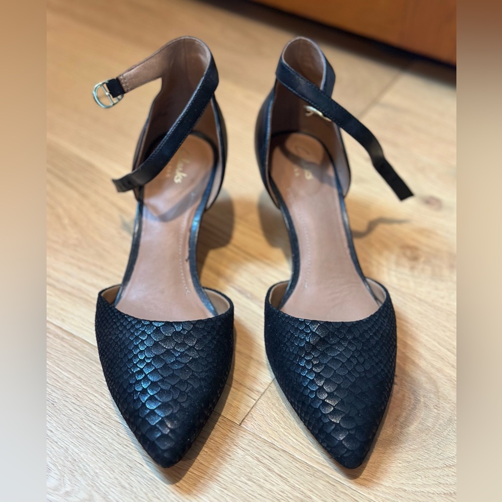 Clarks Black Kitten Heel with ankle strap